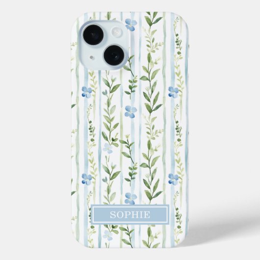 Blauw gestreepte bloemige gepersonaliseerd Case-Mate iPhone case (Achterkant)