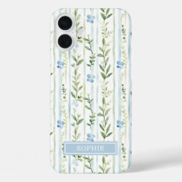 Blauw gestreepte bloemige gepersonaliseerde iPhone 16 plus hoesje
