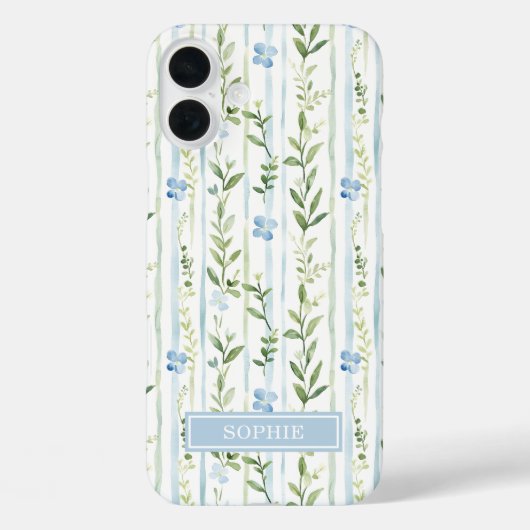 Blauw gestreepte bloemige gepersonaliseerde Case-Mate iPhone case (Achterkant)