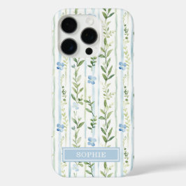 Blauw gestreepte bloemige gepersonaliseerde iPhone 16 pro hoesje