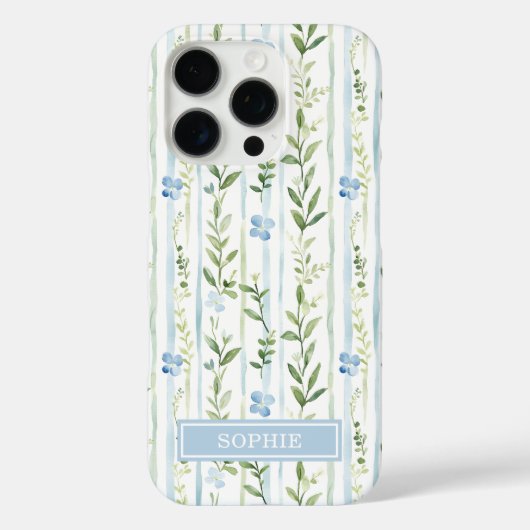 Blauw gestreepte bloemige gepersonaliseerde Case-Mate iPhone case (Achterkant)