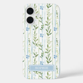 Blauw gestreepte bloemige gepersonaliseerde iPhone 16 hoesje