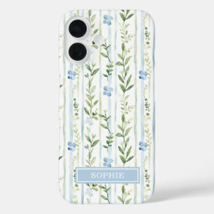 Blauw gestreepte bloemige gepersonaliseerde iPhone 16 hoesje