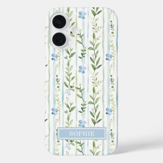 Blauw gestreepte bloemige gepersonaliseerde Case-Mate iPhone case (Achterkant)