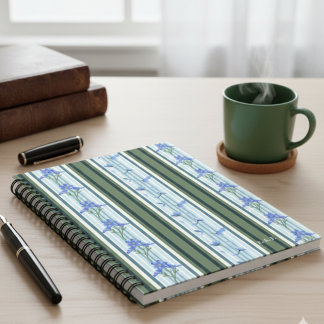 Blauw gestreepte bloemmotief gepersonaliseerd notitieboek