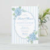 Blauw gestreepte bruiloft met oude hortensia's kaart (Staand voorkant)