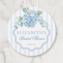 Blauw gestreepte bruiloftsshower met vintage horte bedankjes labels