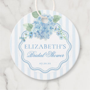 Blauw gestreepte bruiloftsshower met vintage horte bedankjes labels