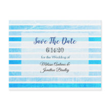 Blauw gestreepte Crackle Save the Date-ansichtkaar