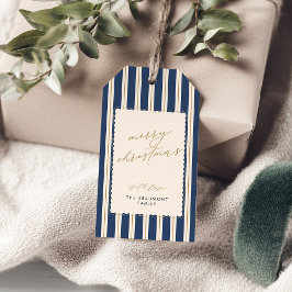 Blauw gestreepte en gekartelde kerstcadeaukaartjes cadeaulabel