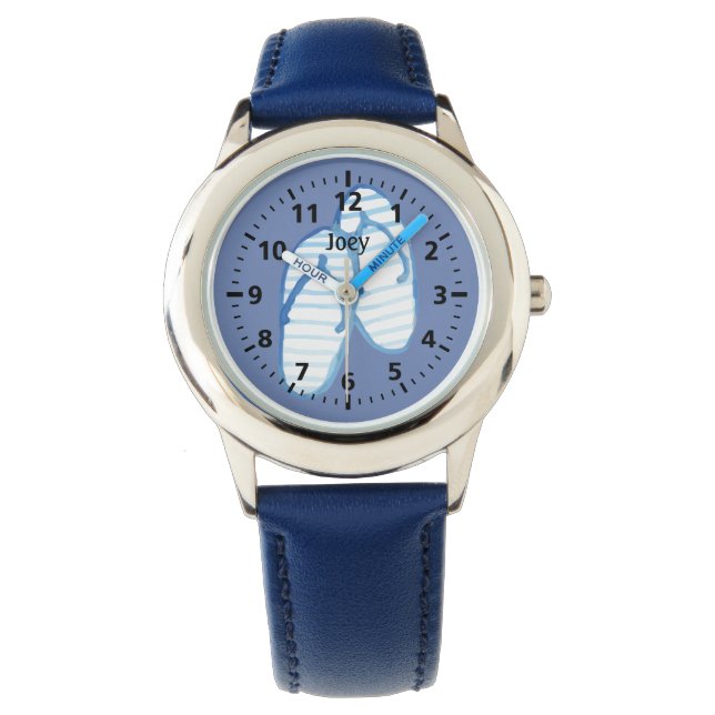 Blauw gestreepte Flip Flops op Blauwe Gepersonalis Horloge (Voorkant)