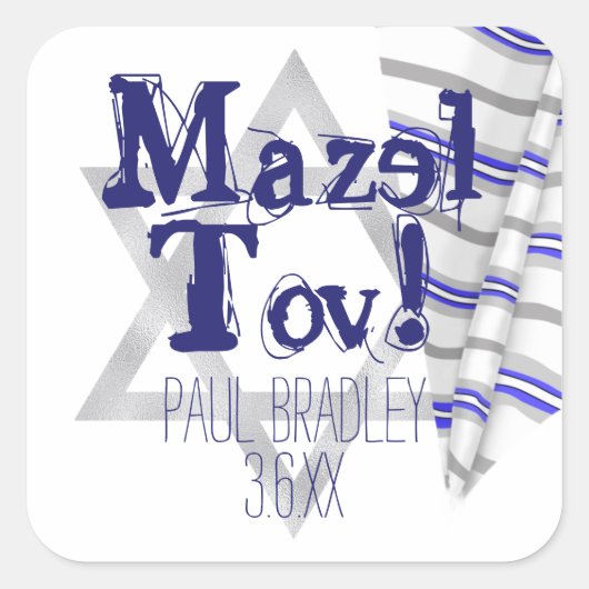 Blauw gestreepte gebedsjaal Mazel Tov Bar Mitzvah Vierkante Sticker (Voorkant)