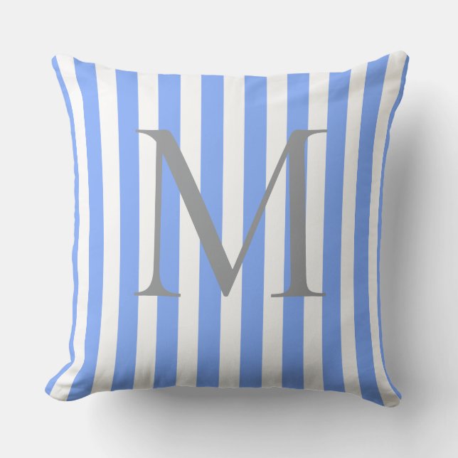 Blauw gestreepte gepersonaliseerde monogram initia kussen (Voorkant)