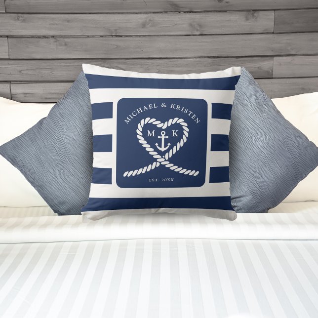 Blauw Gestreepte Hart Anker Trouw  Kussen (Nautical Blue Striped Heart Anchor Wedding Throw Pillow)