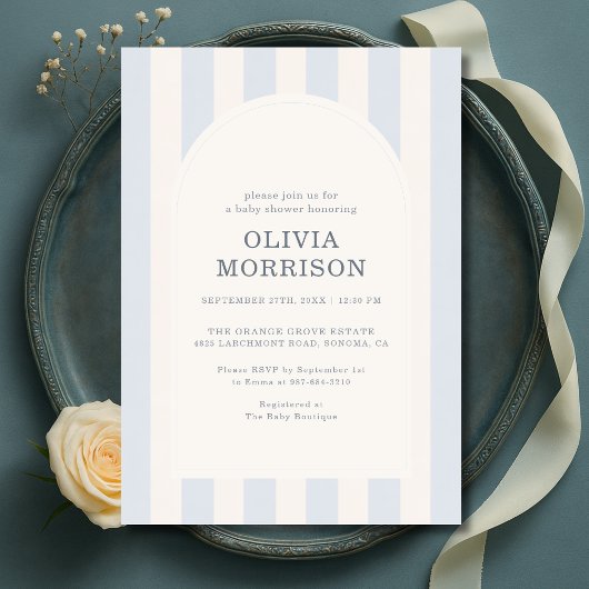 Blauw gestreepte jongens baby shower kaart