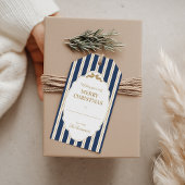 Blauw gestreepte kerstcadeaukaartjes cadeaulabel