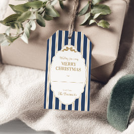 Blauw gestreepte kerstcadeaukaartjes cadeaulabel