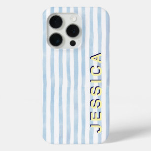 Blauw gestreepte preppy naam op maat iPhone 15 pro case