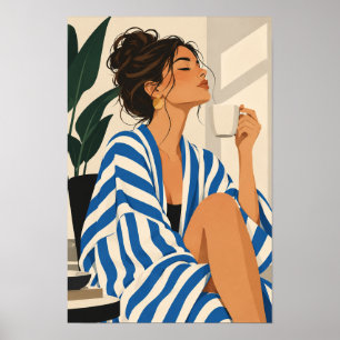 Blauw gestreepte robe vrouw mode-illustratie poster