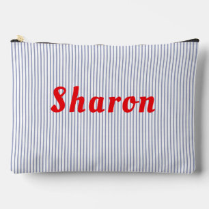 Blauw gestreepte, rode letters accessoire zakje. etui