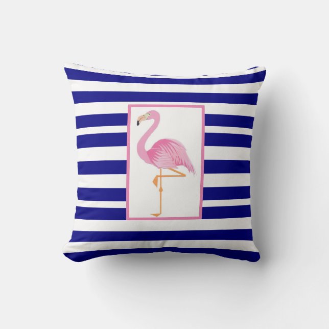 Blauw gestreepte roze flamingo gooit kussen (Voorkant)