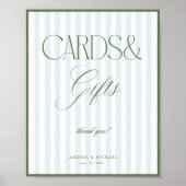 Blauw gestreepte saliegroene kaarten & cadeaus bru poster (Voorkant)