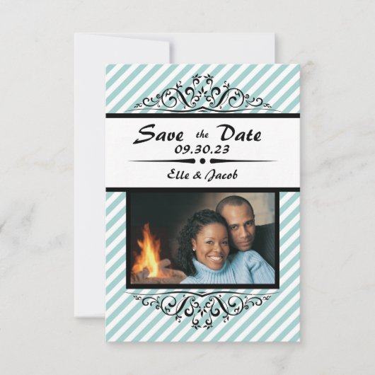 Blauw gestreepte Save the Date - 3x5 platte fotoca (Voorkant)