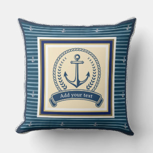 Blauw gestreepte scheepsanker met aangepaste tekst kussen