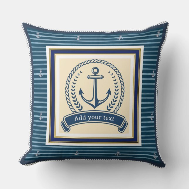 Blauw gestreepte scheepsanker met aangepaste tekst kussen (Voorkant)