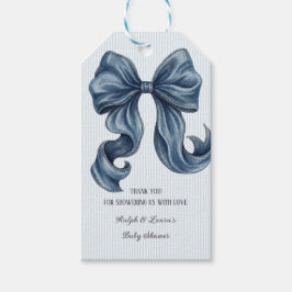 Blauw gestreepte strik babyshower bedankje cadeaulabel