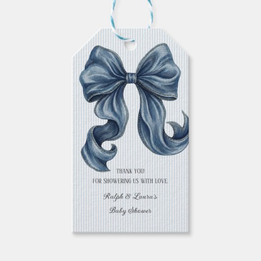 Blauw gestreepte strik babyshower bedankje cadeaulabel (Voorkant)