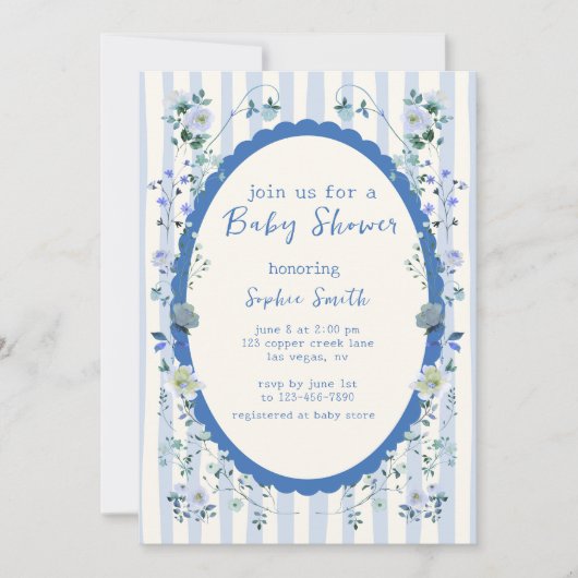 Blauw gestreepte tuin grillige krans Baby shower Kaart (Voorkant)