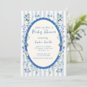 Blauw gestreepte tuin grillige krans Baby shower Kaart (Staand voorkant)