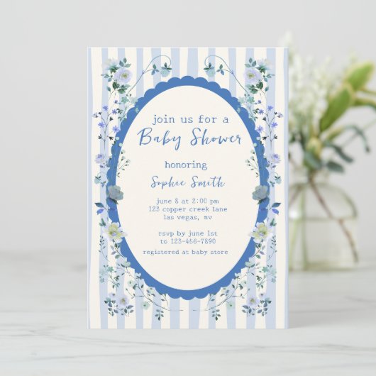 Blauw gestreepte tuin grillige krans Baby shower Kaart (Staand voorkant)