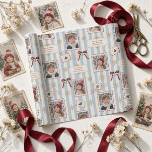 Blauw gestreepte vintage fotocollage cadeaupapier