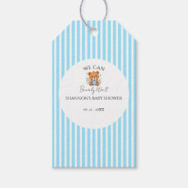 Blauw gestreepte we kunnen bijna niet wachten baby cadeaulabel