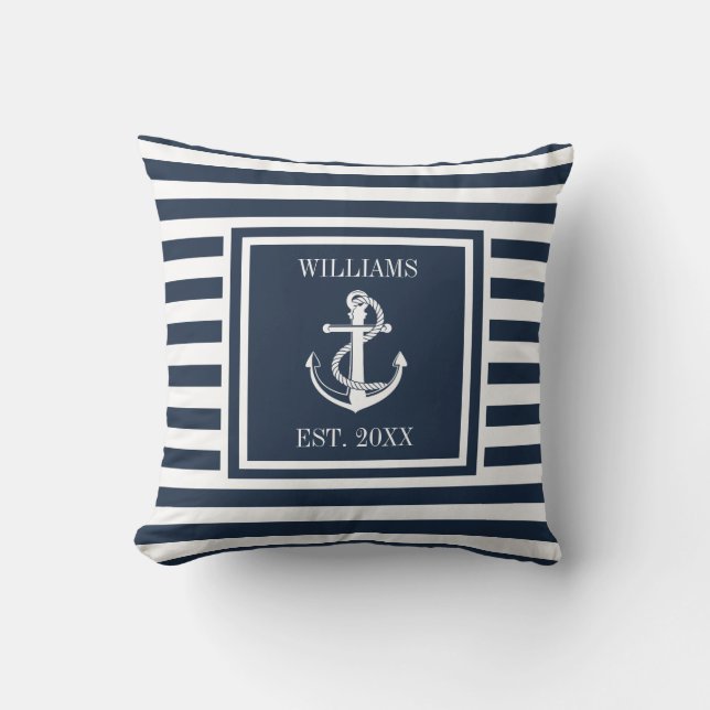 Blauw Gestreepte Zeeanker Persoonlijk Kussen (Voorkant)