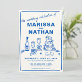 Blauw getekend samen met foto bruiloft uitnodiging (Staand voorkant)
