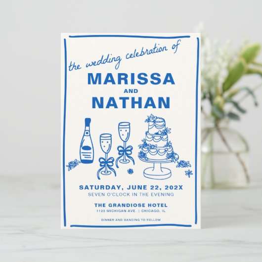 Blauw getekend samen met foto bruiloft uitnodiging (Staand voorkant)