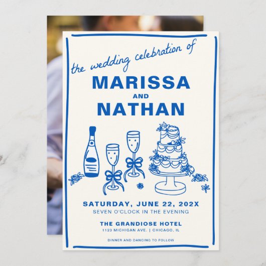 Blauw getekend samen met foto bruiloft uitnodiging (Voorkant / Achterkant)