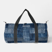 Blauw getextureerd denim stof patroon gepersonalis plunjezak (Voorkant)