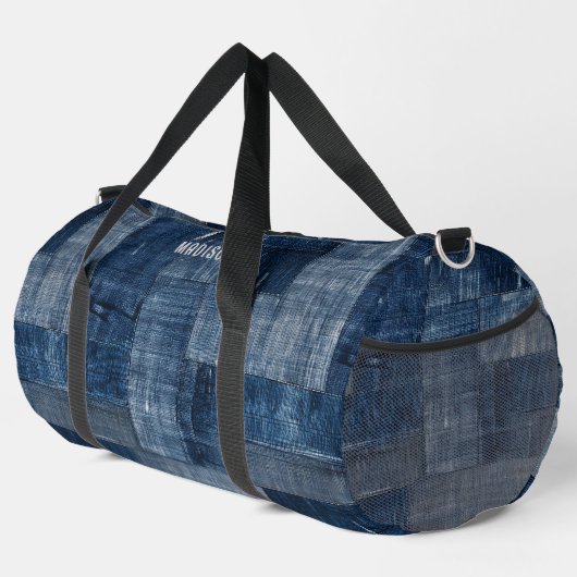 Blauw getextureerd denim stof patroon gepersonalis plunjezak (Rechterhoek)