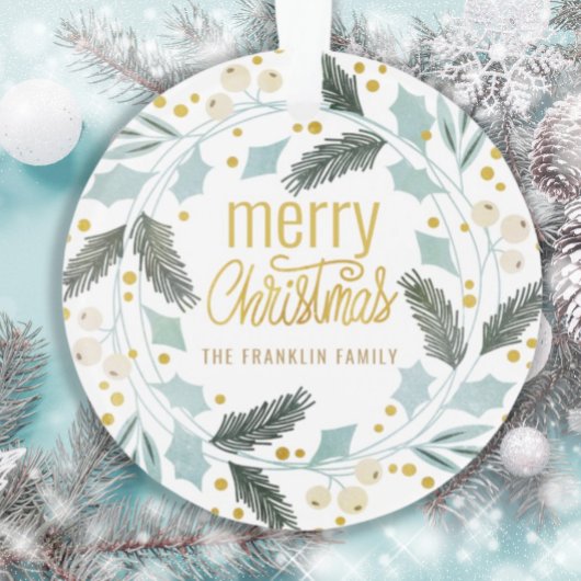 Blauw getinte wintergroen blij kerstfeest naam ornament