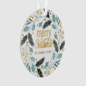 Blauw getinte wintergroen blij kerstfeest naam ornament (voorkant)
