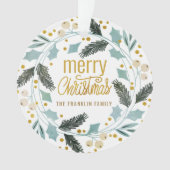 Blauw getinte wintergroen blij kerstfeest naam ornament (voorkant)