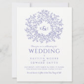 Blauw getrokken blad krans monogram kunst bruiloft kaart (Voorkant)