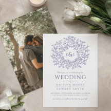 Blauw getrokken blad krans monogram kunst bruiloft