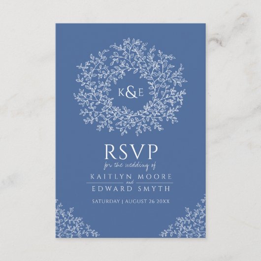 Blauw getrokken blad monogram RSVP bruiloft QR Cod Informatiekaartje (Voorkant)