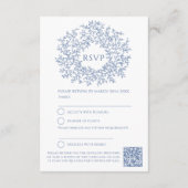 Blauw getrokken blad monogram RSVP bruiloft QR Cod Informatiekaartje (Achterkant)