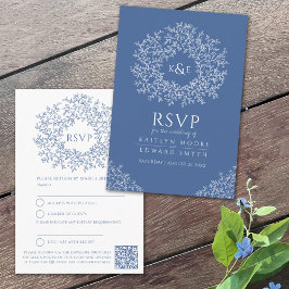 Blauw getrokken blad monogram RSVP bruiloft QR Cod Informatiekaartje